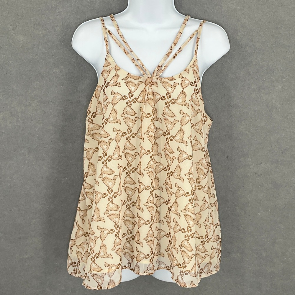 Entro Womens Tank Top Sleeveless Bird Print Beige Casual Blouse Size M Feminine